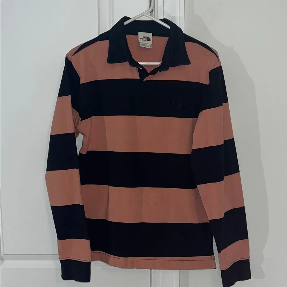 North Face heavy cotton LS Berk Model Rugby polo shirt Blue Mauve Pink Stripe S